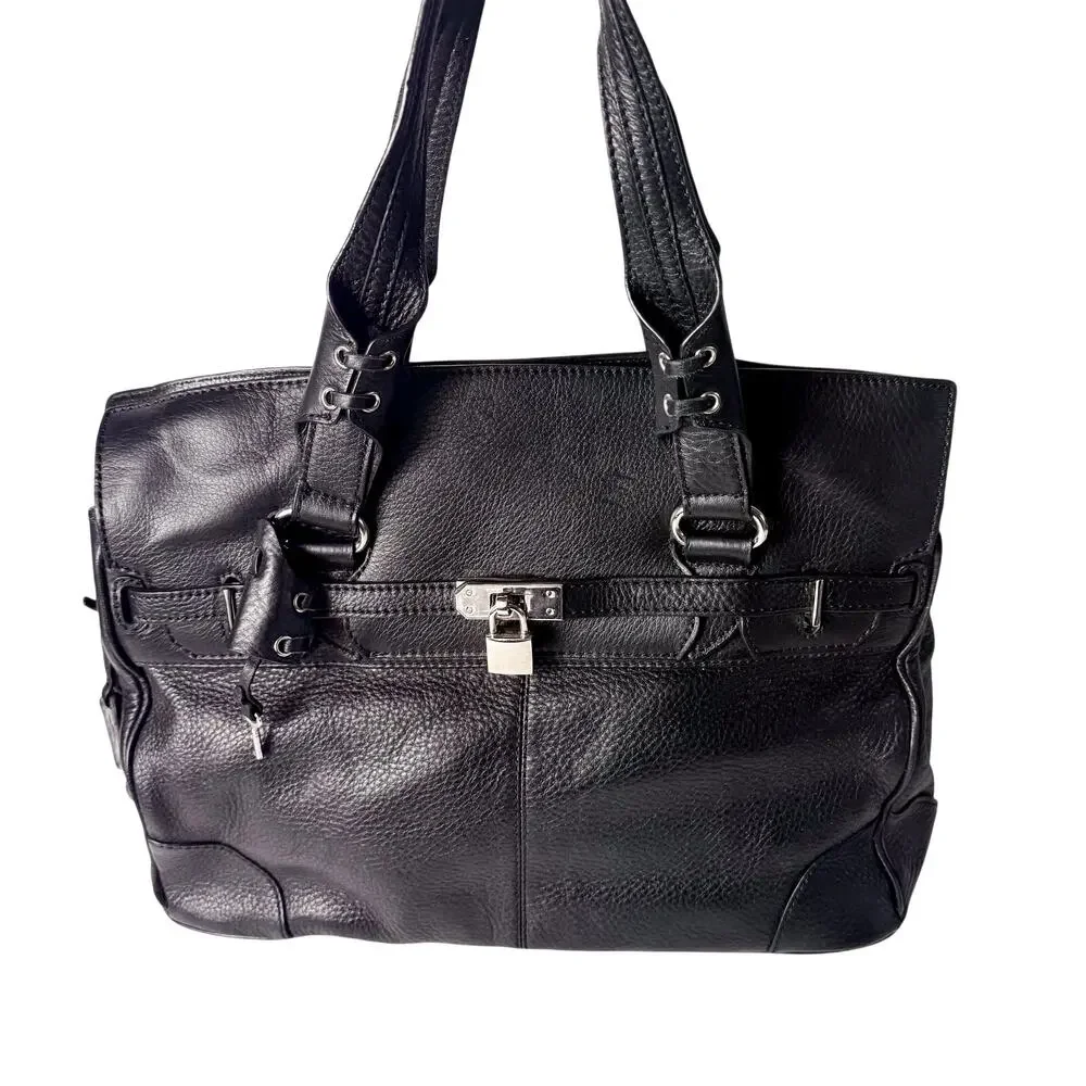 Donald J Pliner Couture Black Grained Leather Shoulder Bag Purse Lock & Key NEW